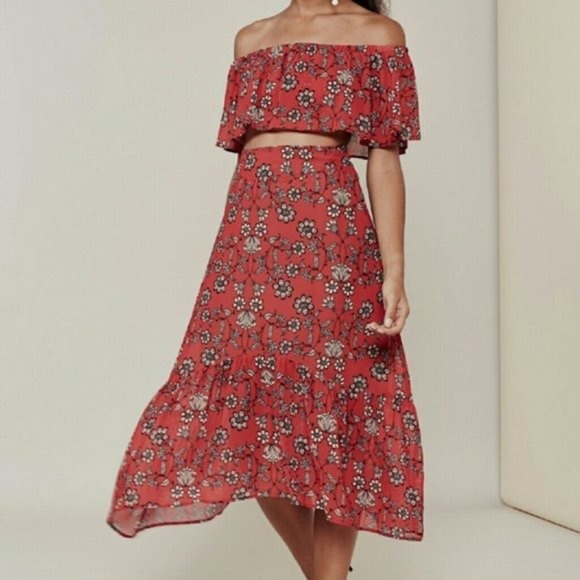 For Love & Lemons Pia Midi Skirt in Red (15) - Picture 3 of 6